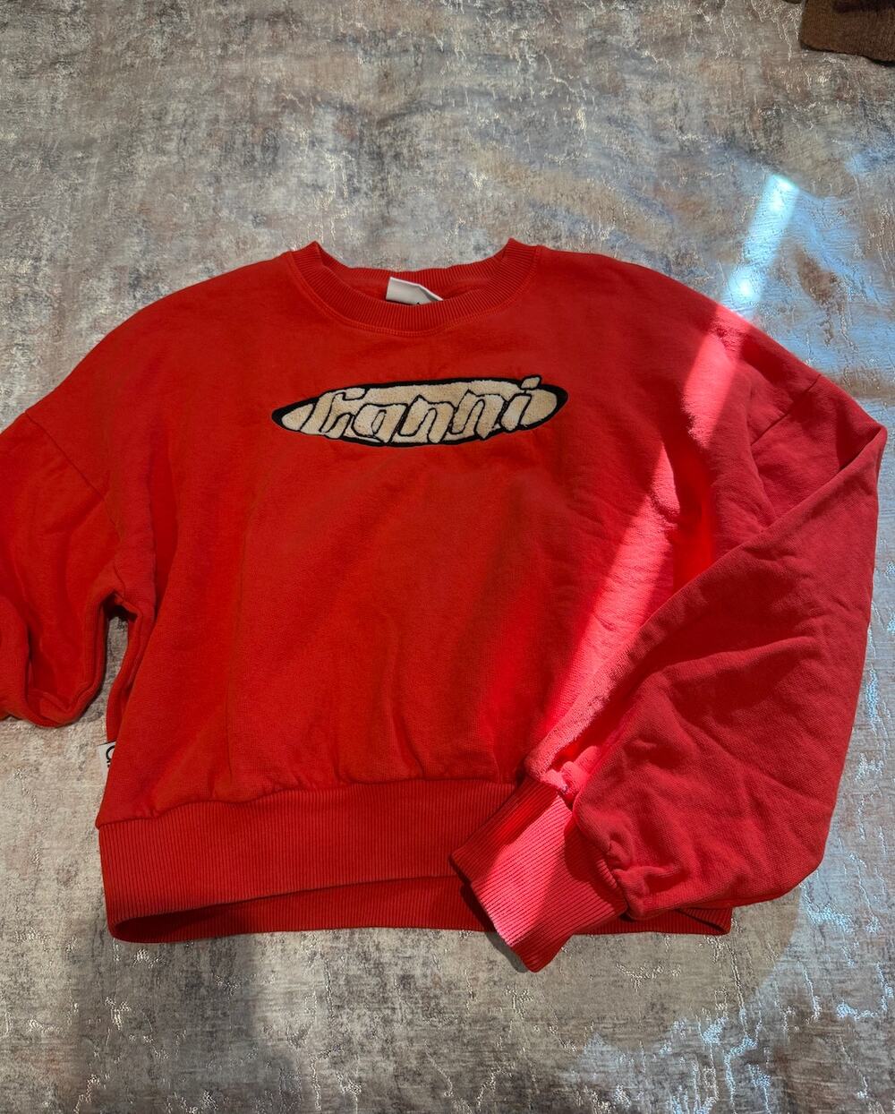 GANNI Isoli Logo Crewneck Sweatshirt | Red | Chenille Logo Patch | Size S